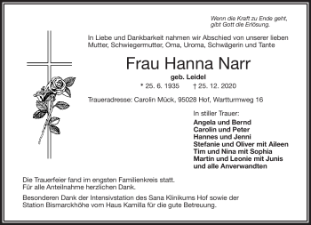 Traueranzeige von Hanna Narr von Frankenpost