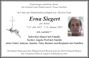 Traueranzeige von Erna Siegert von Frankenpost