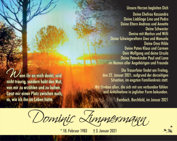 Traueranzeige von Dominic Zimmermann von Südthüringer Presse