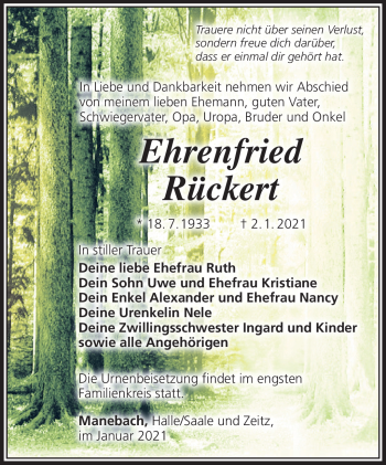 Traueranzeige von Ehrenfried Rückert von Südthüringer Presse