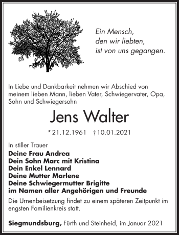 Traueranzeige von Jens Walter von Südthüringer Presse