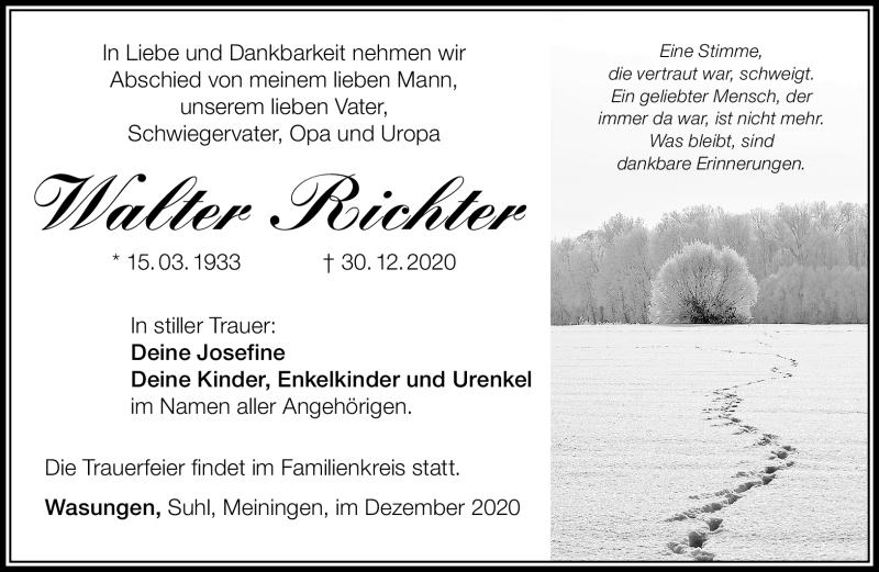  Traueranzeige für Walter Richter vom 09.01.2021 aus Südthüringer Presse