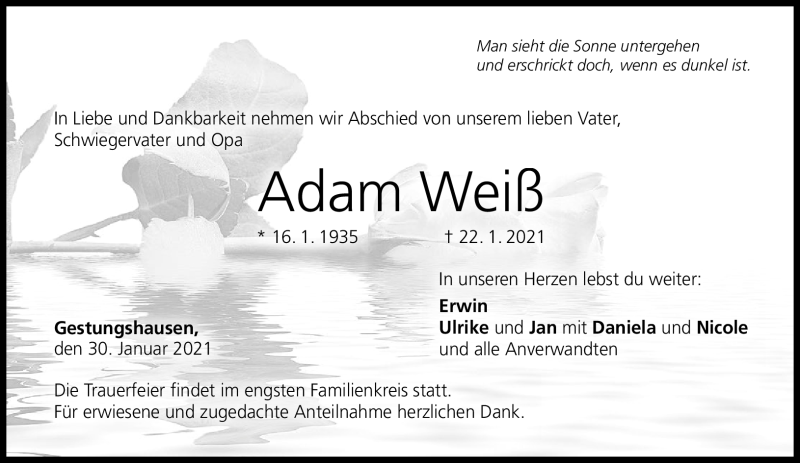  Traueranzeige für Adam Weiß vom 30.01.2021 aus Neue Presse Coburg
