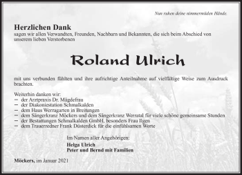 Traueranzeige von Roland Ulrich von Südthüringer Presse