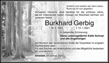 Traueranzeige von Burkhard Gerbig von Südthüringer Presse