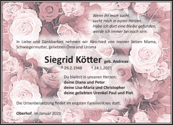 Traueranzeige von Siegrid Kötter von Südthüringer Presse