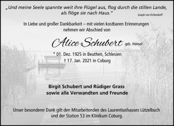 Traueranzeige von Alice Schubert von Neue Presse Coburg