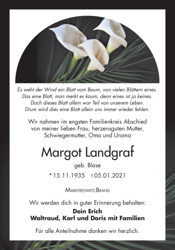 Traueranzeige von Margot Landgraf von Frankenpost