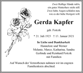 Traueranzeige von Gerda Kapfer von Frankenpost