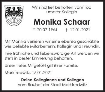Traueranzeige von Monika Schaar von Frankenpost