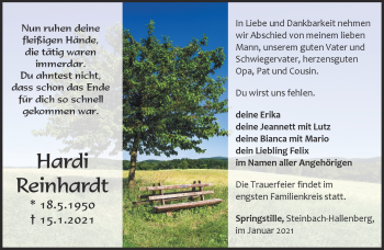 Traueranzeige von Hardi Reinhardt von Südthüringer Presse