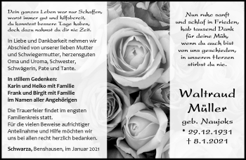 Traueranzeige von Waltraud Müller von Südthüringer Presse