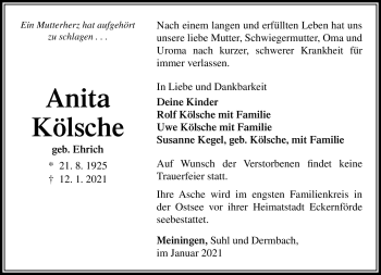 Traueranzeige von Anita Kölsche von Südthüringer Presse
