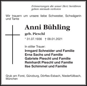 Traueranzeige von Anni Bühling von Neue Presse Coburg