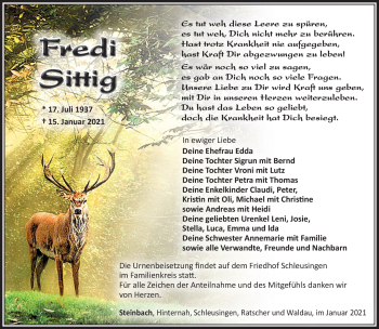 Traueranzeige von Fredi Sittig von Südthüringer Presse