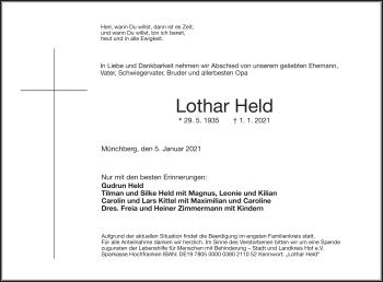 Traueranzeige von Lothar Held von Frankenpost