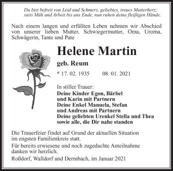Traueranzeige von Helene Martin von Südthüringer Presse