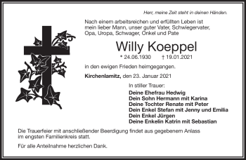 Traueranzeige von Willy Koeppel von Frankenpost