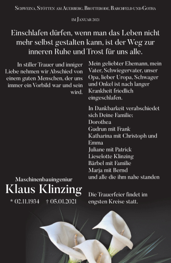 Traueranzeige von Klaus Klinzing von Südthüringer Presse