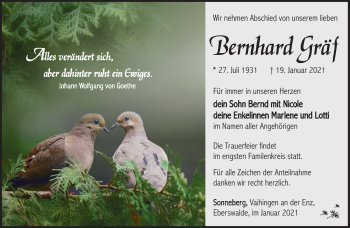 Traueranzeige von Bernhard Gräf von Südthüringer Presse