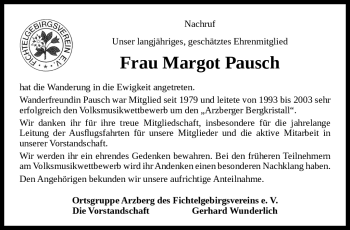 Traueranzeige von Margot Pausch von Frankenpost