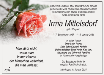 Traueranzeige von Irma Mittelsdorf von Südthüringer Presse