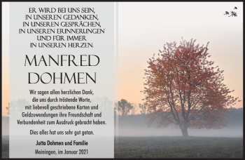 Traueranzeige von Manfred Dohmen von Südthüringer Presse