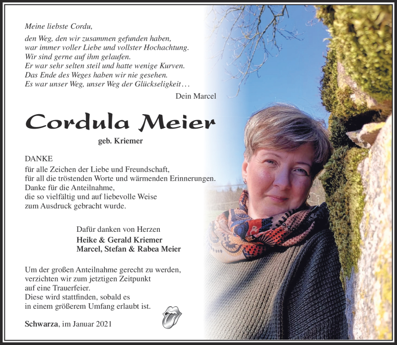  Traueranzeige für Cordula Meier vom 23.01.2021 aus Südthüringer Presse