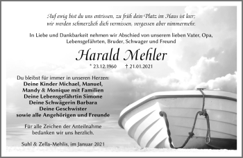 Traueranzeige von Harald Mehler von Südthüringer Presse