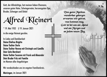 Traueranzeige von Alfred Kleinert von Südthüringer Presse