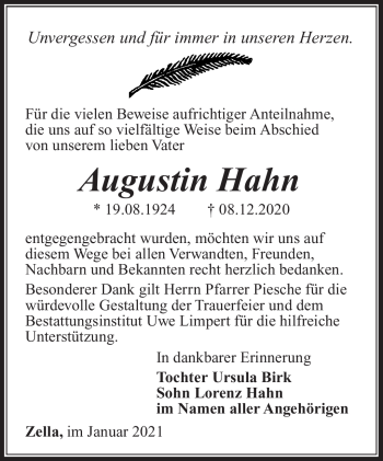 Traueranzeige von Augustin Hahn von Südthüringer Presse