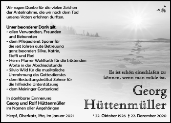 Traueranzeige von Georg Hüttenmüller von Südthüringer Presse