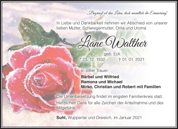 Traueranzeige von Liane Walter von Südthüringer Presse