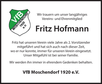 Traueranzeige von Fritz Hofmann von Frankenpost