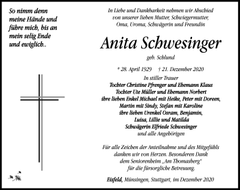 Traueranzeige von Anita Schwesinger von Südthüringer Presse