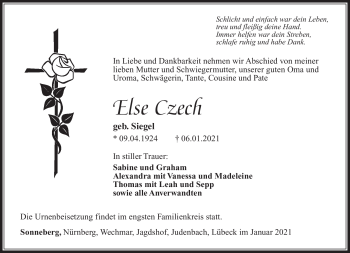 Traueranzeige von Else Czech von Südthüringer Presse