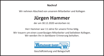Traueranzeige von Jürgen Hammer von Südthüringer Presse