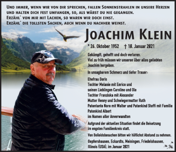Traueranzeige von Joachim Klein von Südthüringer Presse
