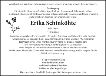 Traueranzeige von Erika Schinkhöhe von Südthüringer Presse