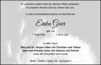 Traueranzeige von Erika Geier von Neue Presse Coburg
