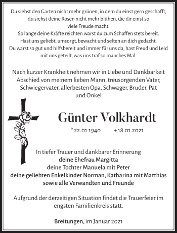 Traueranzeige von Günter Volkhardt von Südthüringer Presse
