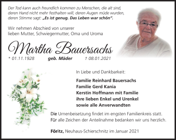 Traueranzeige von Martha Bauersachs von Südthüringer Presse