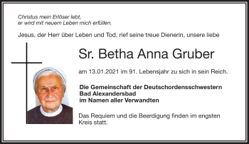 Traueranzeige von Betha Anna Gruber von Frankenpost