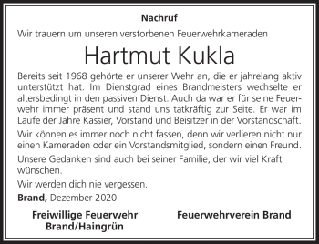 Traueranzeige von Hartmut Kukla von Frankenpost