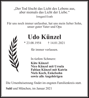 Traueranzeige von Udo Künzel von Südthüringer Presse