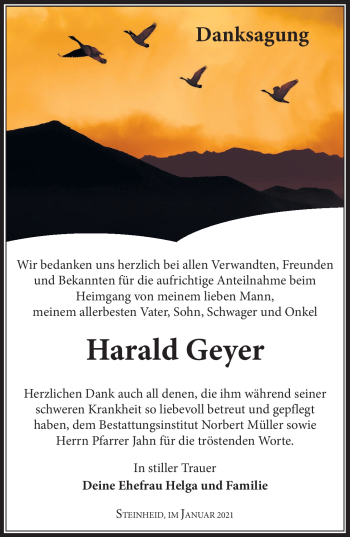 Traueranzeige von Harald Geyer von Südthüringer Presse