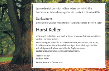 Traueranzeige von Horst Keller von Südthüringer Presse