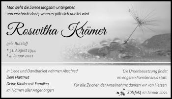 Traueranzeige von Roswitha Krämer von Südthüringer Presse