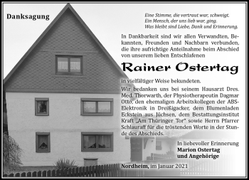 Traueranzeige von Rainer Ostertag von Südthüringer Presse