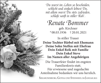 Traueranzeige von Renate Bommer von Südthüringer Presse